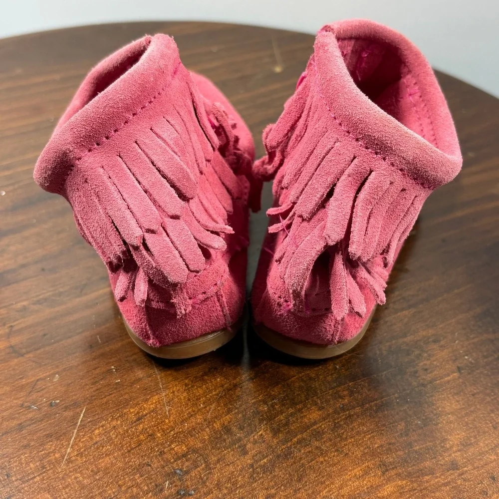 Minnetonka Ankle Boots Girls Size 10 Hot Pink‎ Suede Double Fringe Side Zip 2295